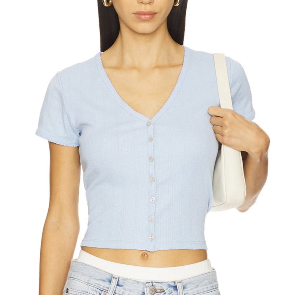 Goldie Pointelle Short Sleeve Cardigan Top in Placid Blue Knit Size Small